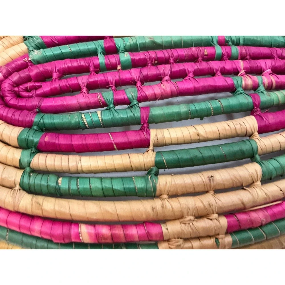 Vintage Woven Coil Basket Oval Pink‎ Green Geometric Boho Decor 10.5in
